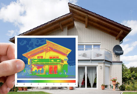 Ein Haus plus Aufnahme einer Wärmebildkamera, die Wärmebrücken von Fenstern zeigt